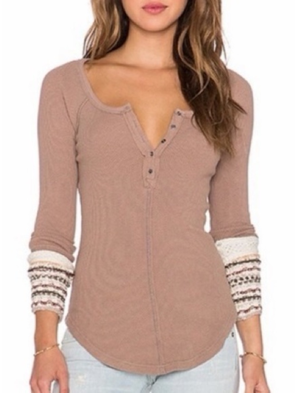 Free People Alpine Ski Lodge Thermal Top XS Waffle Knit Crochet Cuffs Boho